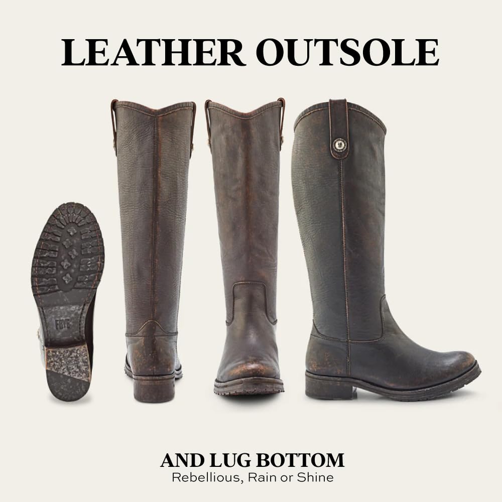 Frye Melissa Double Sole Button Lug Tall Riding Boots for Women - Leather Lined Classics with Modern Stacked Heel and Rugged Mini-Lug Traction Outsole, Antiqued Black - 8M