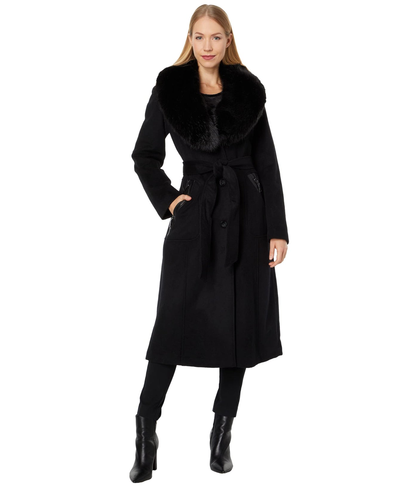 Vince Camuto Wool Coat w/Faux Fur V20741-ZU Black LG (US 12-14)