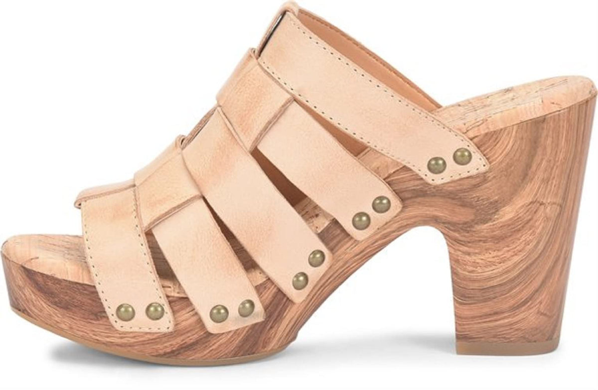 KORK-EASE Devan Women's Heeled Sandal – Hand-Burnished Woven Leather with Antiqued Rivets & Woodgrain Heel – Natural, 9M US