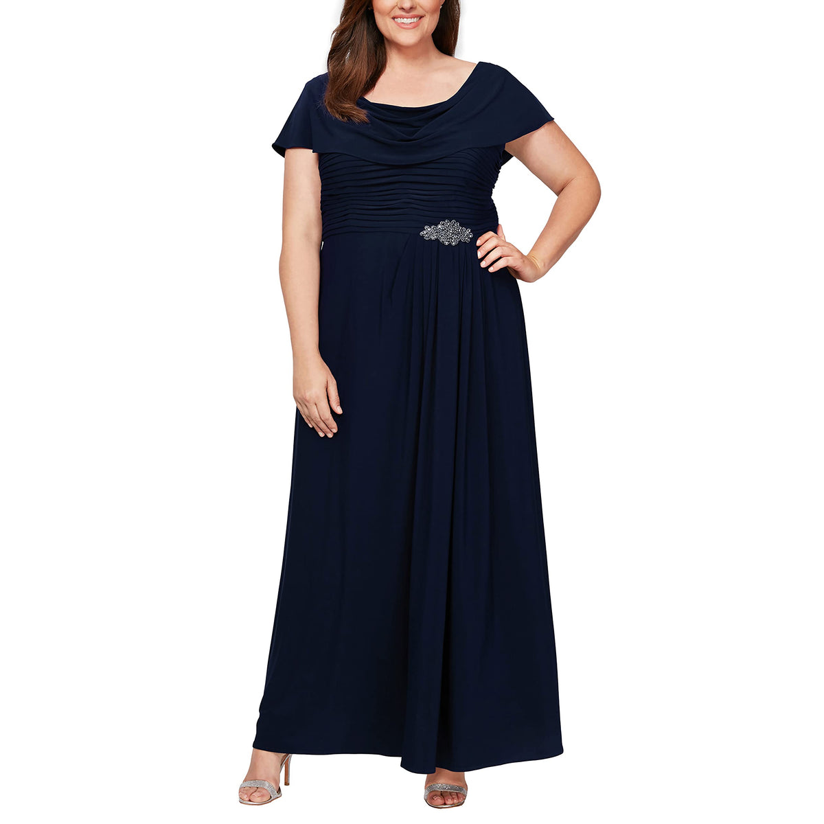 Alex Evenings Women's Long Cowl Neck Mother of The Bride Dress, Wedding Guest Gown Size, Navy Plus, 14 Plus