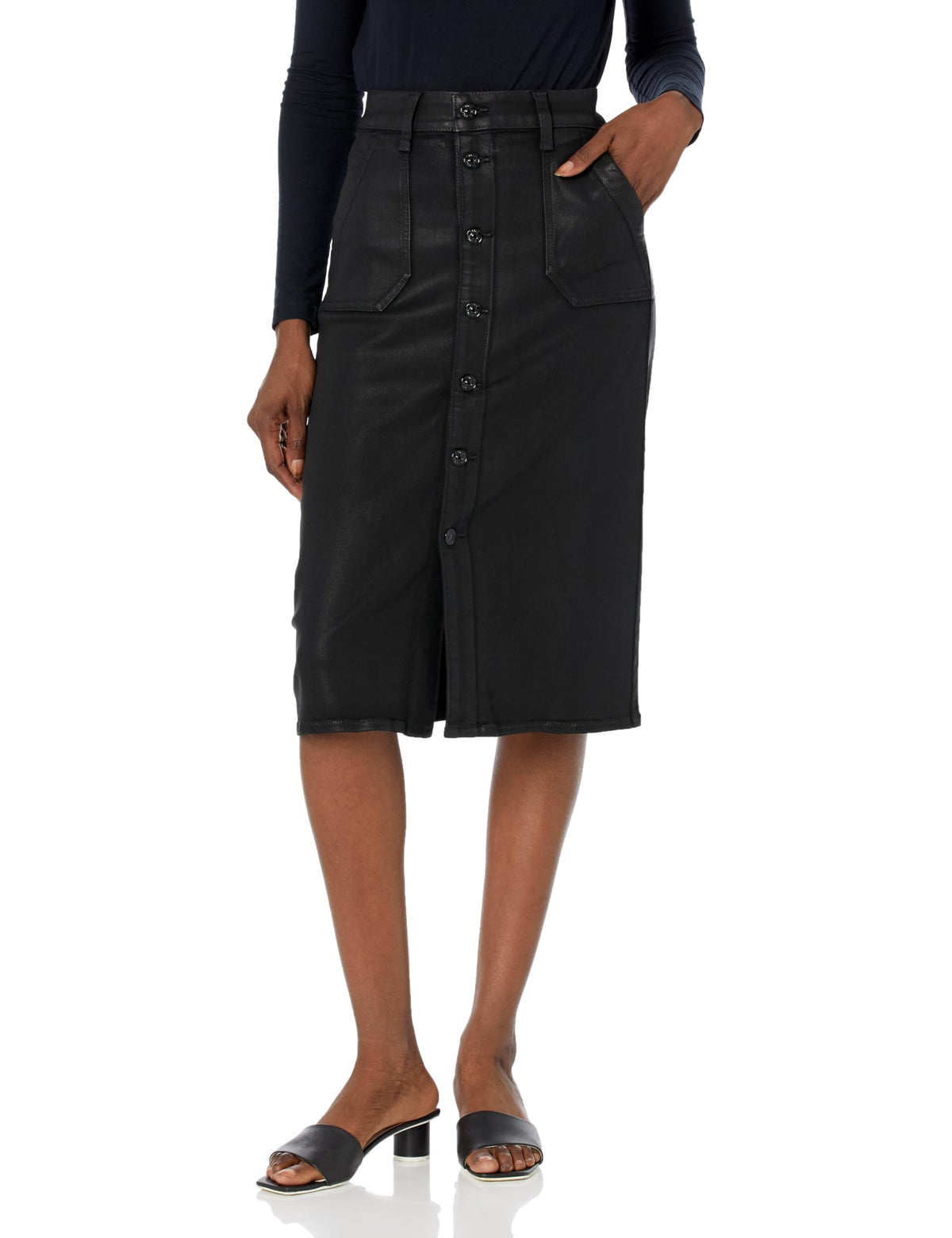 PAIGE Women's Meadow MIDI Skirt Utility PKTS, Black Fog Luxe Coating, 25