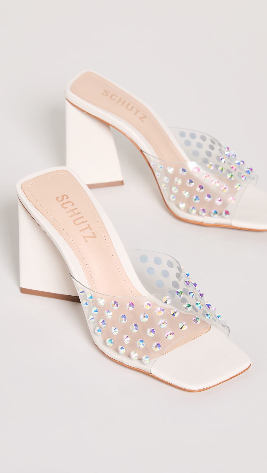 SCHUTZ Women's Lizah Crystal Sandals, Pearl, Off White, Clear, 9 Medium US