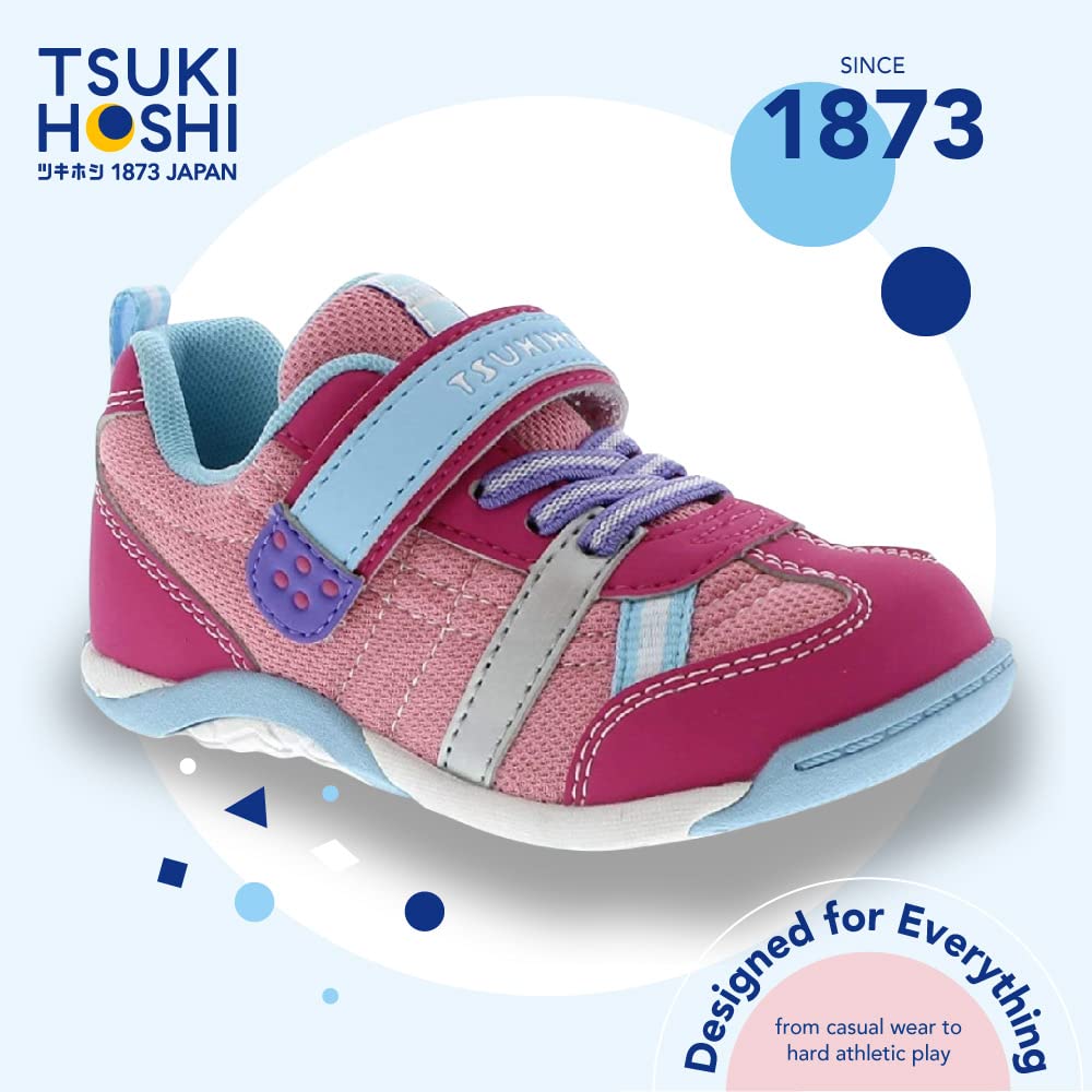 TSUKIHOSHI 1521 KAZ Strap-Closure Machine-Washable Child Sneaker Shoe with Wide Toe Box and Slip-Resistant, Non-Marking Outsole - For Toddlers and Little Kids, Ages 1-8 7.5 Toddler Fuchsia/Light Blue