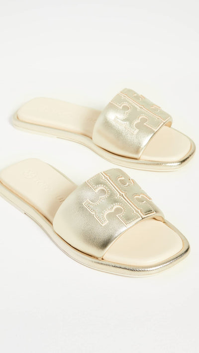 Tory Burch Women's Double T Sport Slides, Spark Gold/New Cream/Gold, 7 Medium US