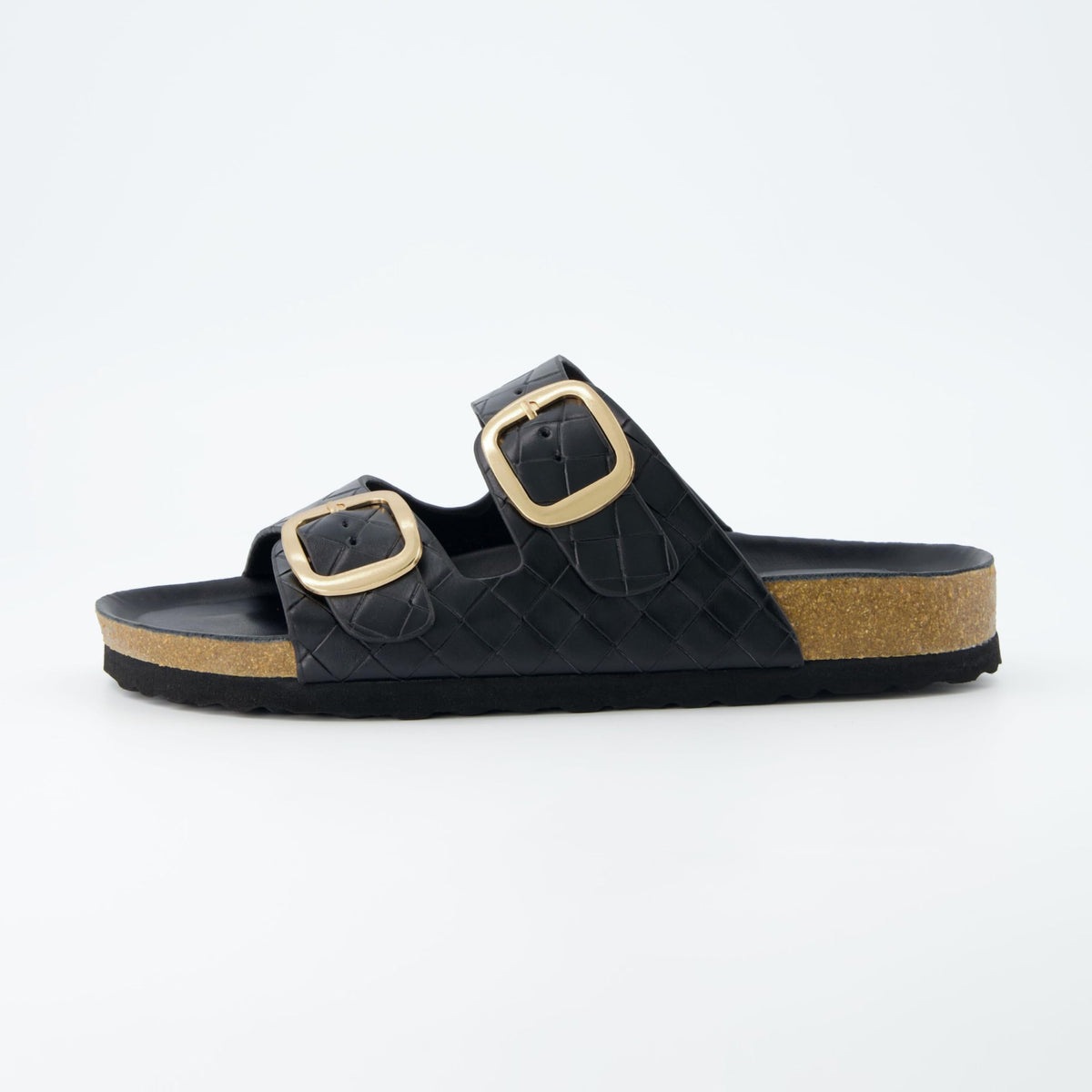 CUSHIONAIRE Lang Slip On Cork Footbed Womens Sandals – Comfortable Slides with Adjustable Buckle Flat Sandals for Women 2025, BLACK 7