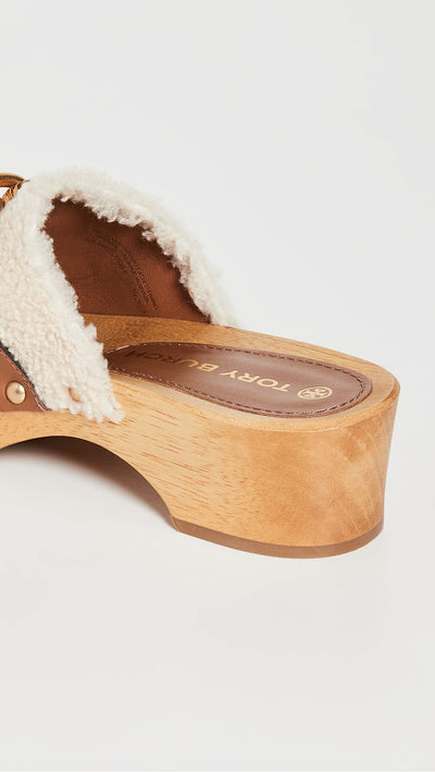 Tory Burch Women's Jessa Shearling Clogs, Buttermilk/Royal Tan, 9.5 Medium US