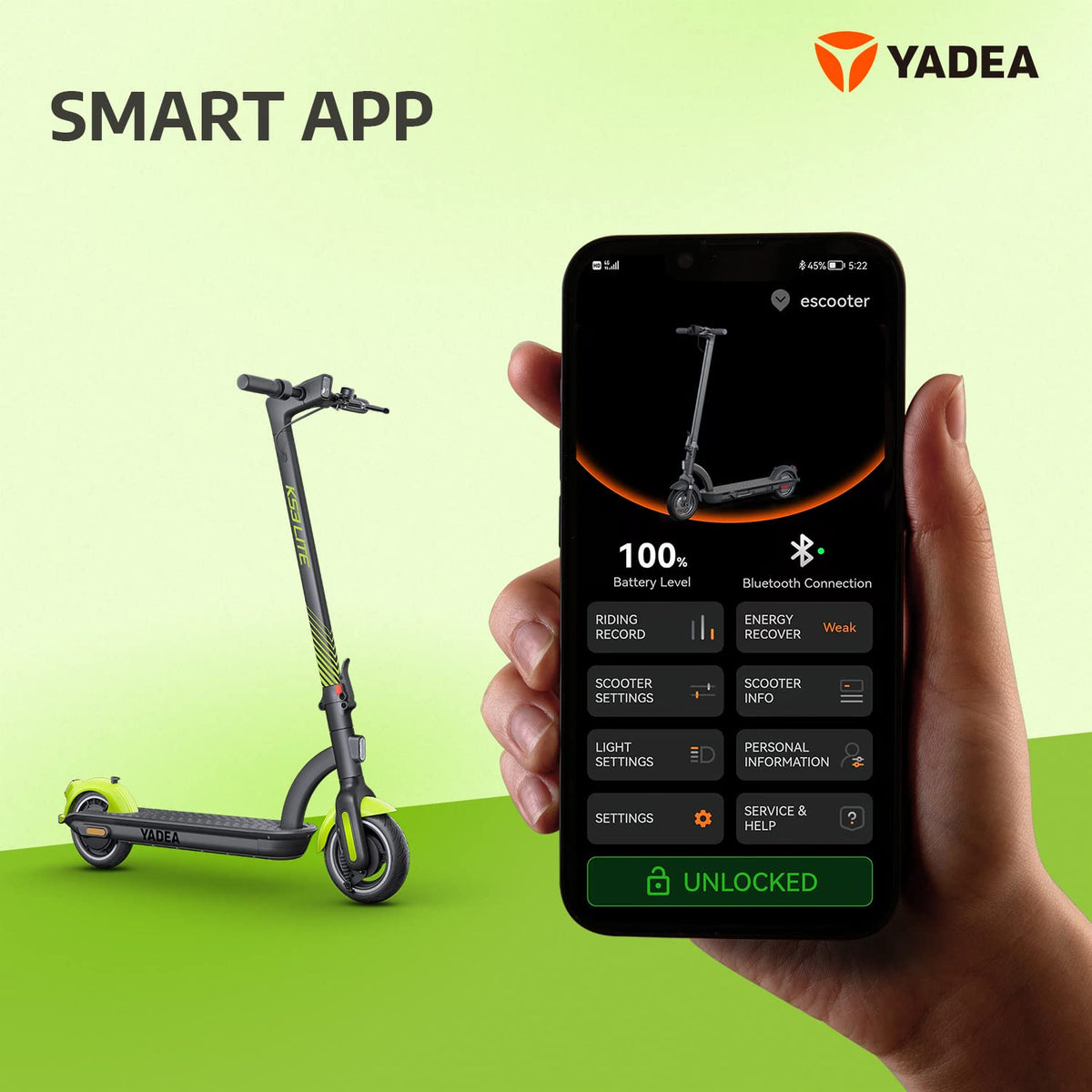 YADEA Electric Kick Scooter Adults KS3 Lite, Max Speed 15.6 MPH, 12 Miles Range, Adult Electric Scooter for Commuter, Green