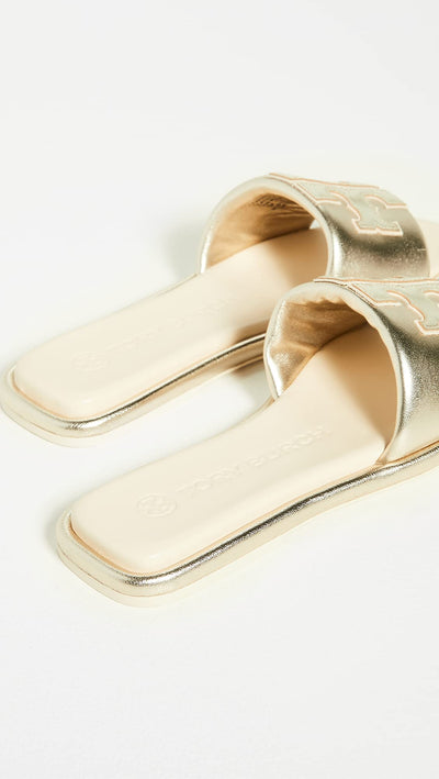 Tory Burch Women's Double T Sport Slides, Spark Gold/New Cream/Gold, 7 Medium US