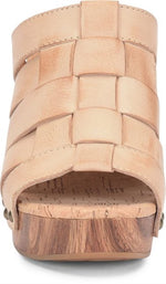 KORK-EASE Devan Women's Heeled Sandal – Hand-Burnished Woven Leather with Antiqued Rivets & Woodgrain Heel – Natural, 9M US