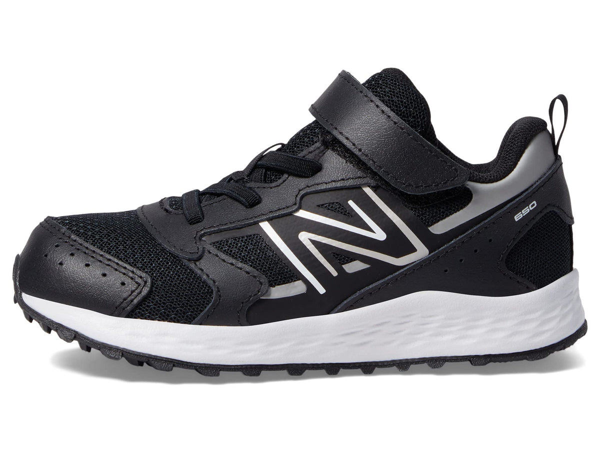New Balance® Kids Fresh Foam 650v1 Bungee Lace with Top Strap Shoes for Kids – Comfortable Padding Black/Metallic Silver 1.5 Little Kid XW