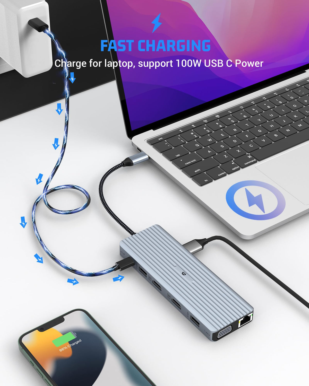 oditton 14 in 1 USB C Docking Station, USB C Adapter with 2 * 4K HDMI, VGA, USB C 3.1, USB A 3.1, 4 USB A 2.0 Ports, Gigabit Ethernet, SD&TF Card Readers, 100W PD, and 3.5mm