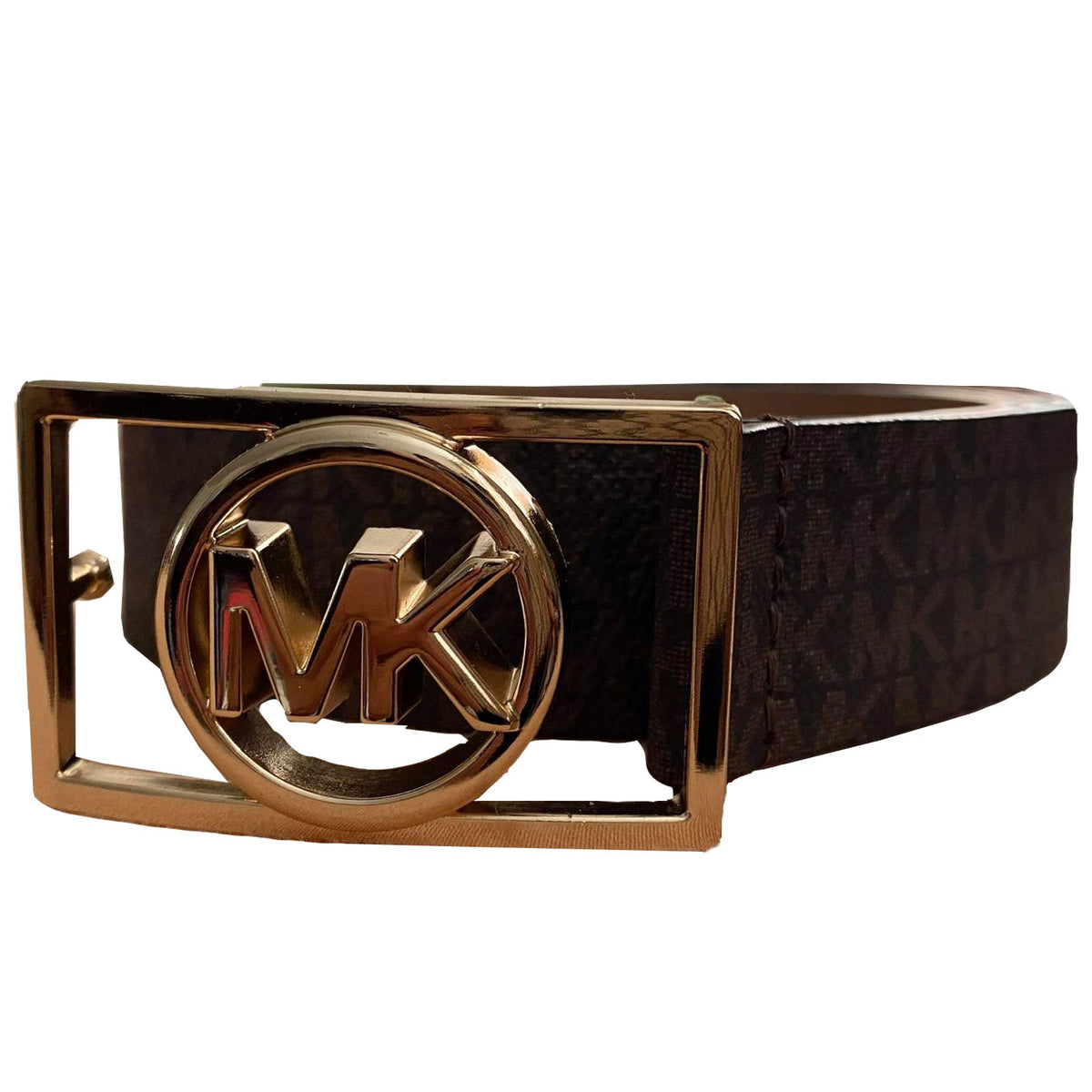 Michael Kors Women's Rectangle MK Gold Tone Buckle Belt, Black, Large