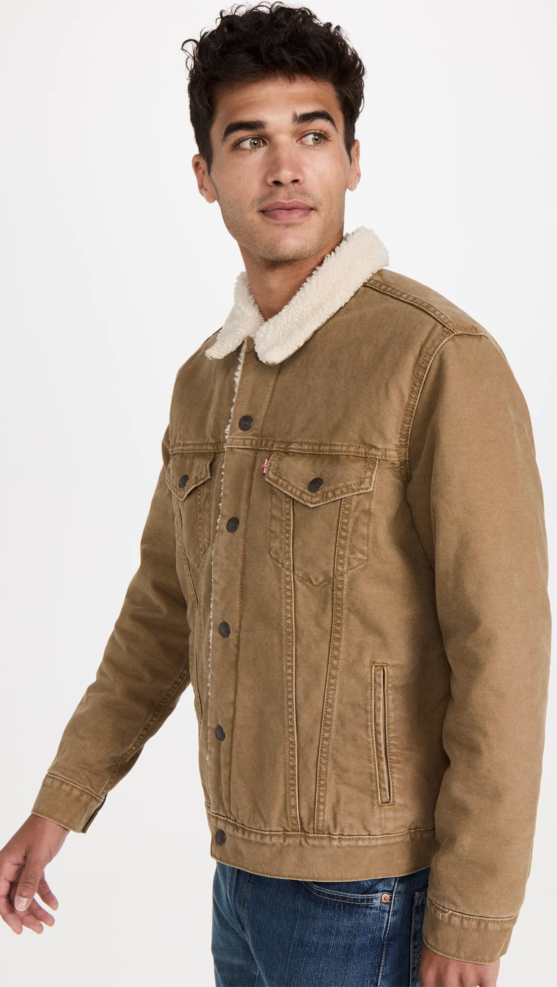 Levi's Men's Sherpa Trucker Jacket, Washed Cougar Canvas, Tan, L