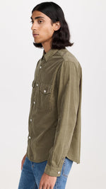 FRAME Men's Double Pocket Micro Cord Shirt, Mocha, Green, S