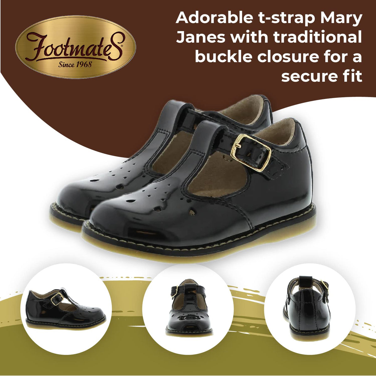 FOOTMATES Harper Mary Jane T-Strap Girls Flat Leather Walking Shoes with Custom-Fit Insoles, Slip-Resistant Non-Marking Outsoles - for Toddlers and Little Kids, Ages 1-8 2 Infant Black Patent