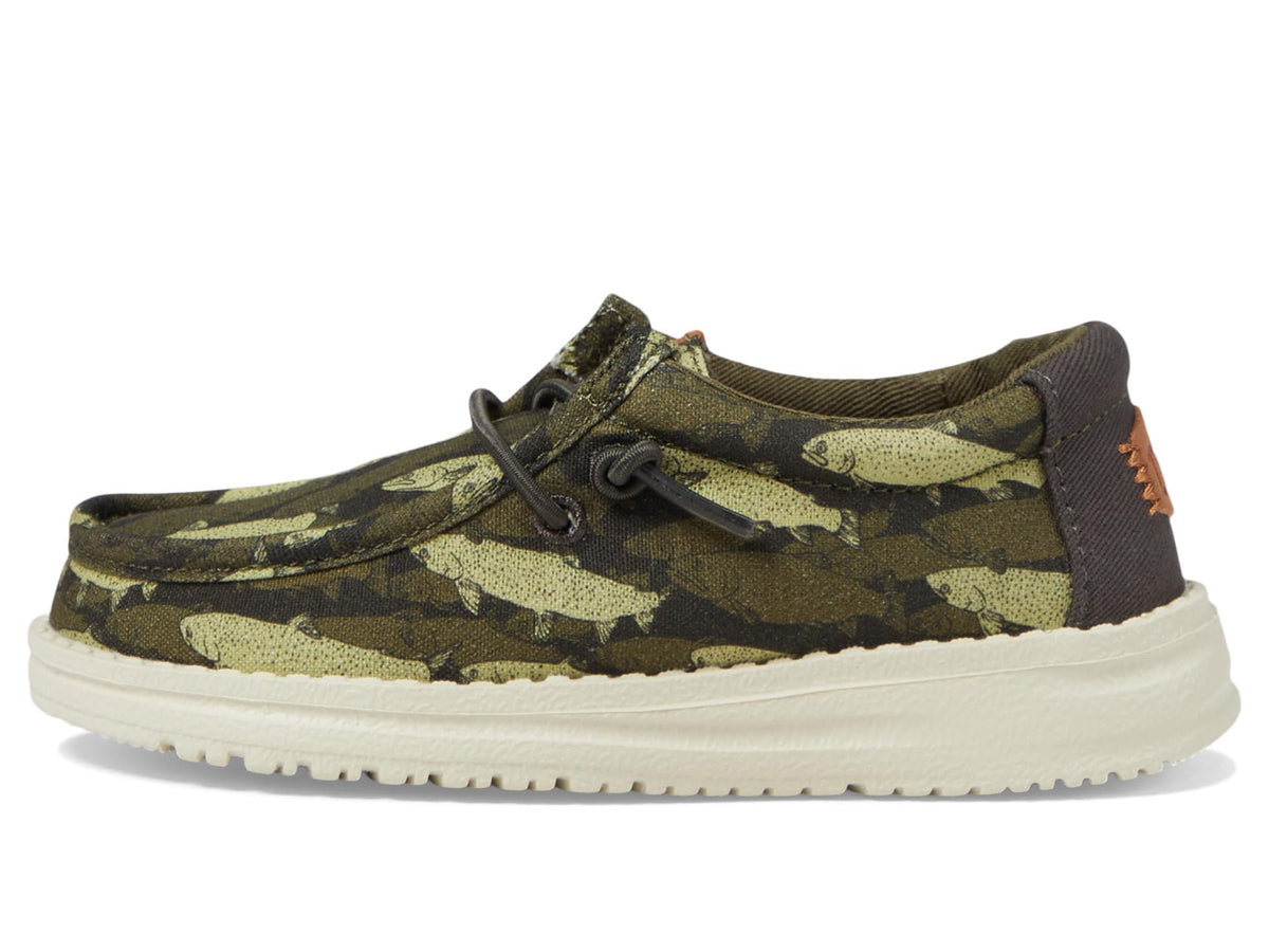 HEYDUDE Boy's Wally-T Fish Camo Olive Size 6 | Youth's Shoes | Youth Slip-on Loafers | Comfortable & Light-Weight