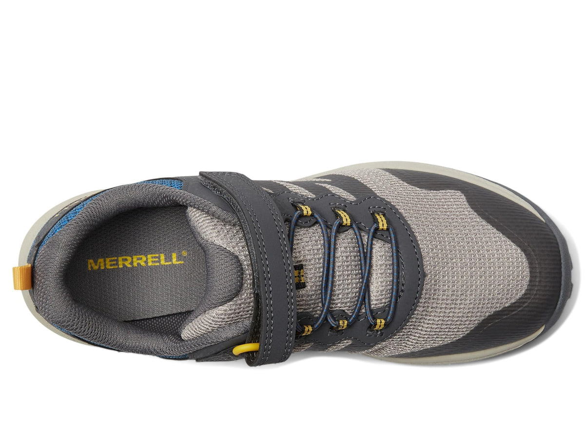Merrell® Nova 3 Kids Shoes – Ideal for Little and Big Kids – Synthetic Upper – Bungee Lace Closure – Round Toe Grey/Blue/Gold 1.5 Little Kid M