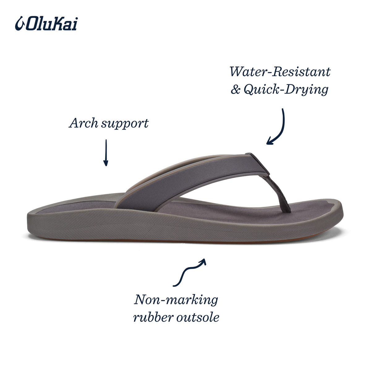 OLUKAI Koko'o Men's Beach Sandals, Quick-Dry Flip-Flop Slides, Water Resistant & Lightweight, Compression Molded Footbed & Ultra-Soft Comfort Fit, Pavement/Pavement, 15