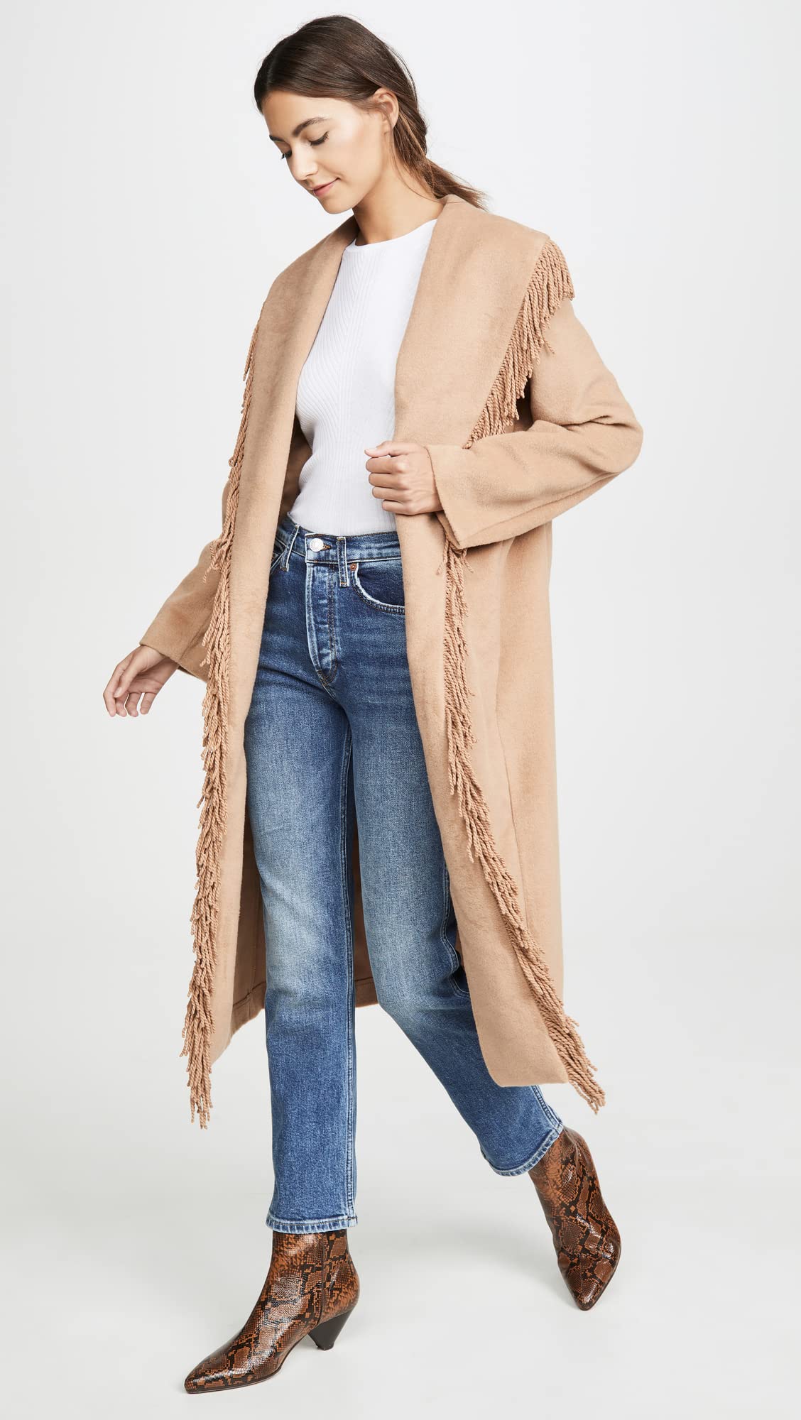Line & Dot Women's Linda Fringe Coat, Camel, Tan, L