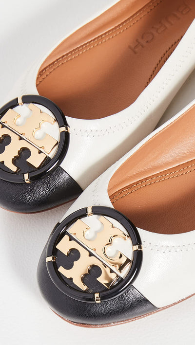 Tory Burch Women's Multi Logo Cap Toe Ballet Flats, New Ivory/Perfect Black, 8 Medium US