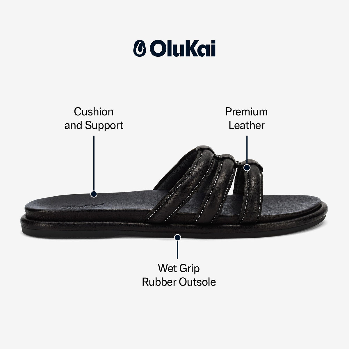 OLUKAI Tiare Women's Slide Sandals, Premium Leather & Stylish Design, All-Day Comfort & Support, Black/Black, 9