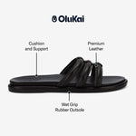 OLUKAI Tiare Women's Slide Sandals, Premium Leather & Stylish Design, All-Day Comfort & Support, Black/Black, 9