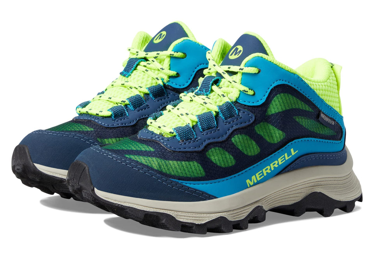Merrell Moab Speed Mid Waterproof Hiking Boot, Navy/HI VIZ, 2.5 Wide US Unisex Big_Kid