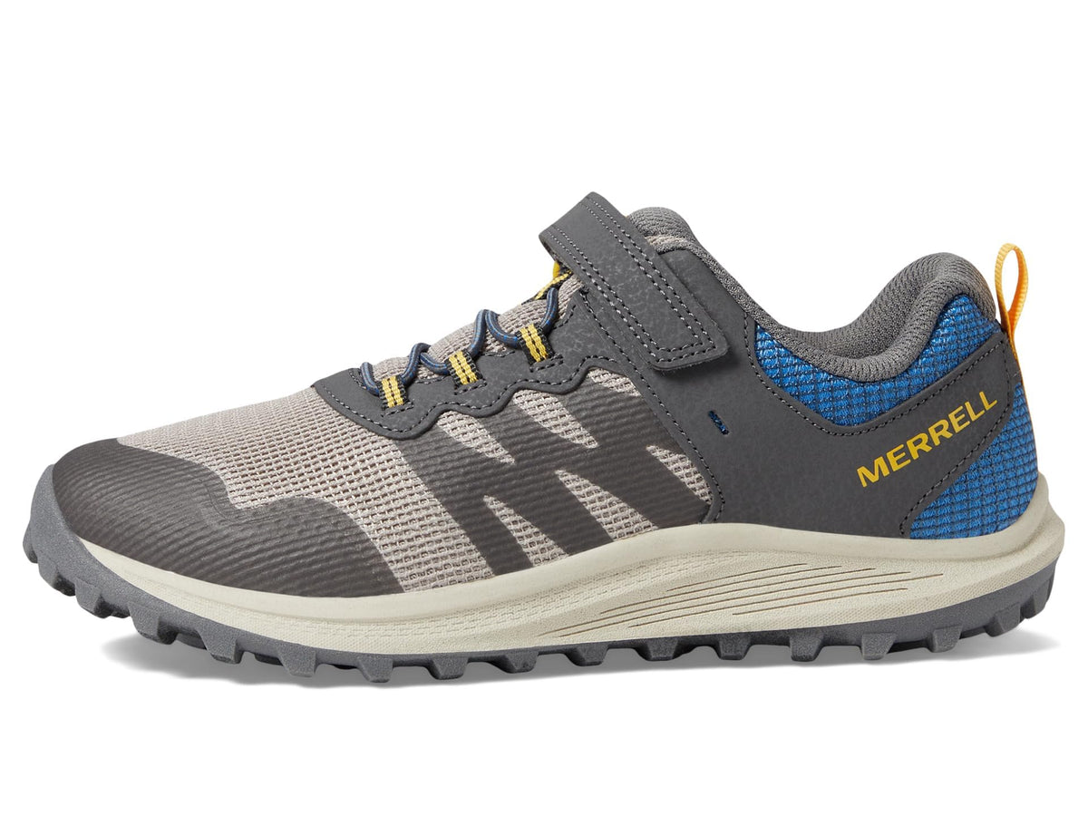 Merrell® Nova 3 Kids Shoes – Ideal for Little and Big Kids – Synthetic Upper – Bungee Lace Closure – Round Toe Grey/Blue/Gold 1.5 Little Kid M