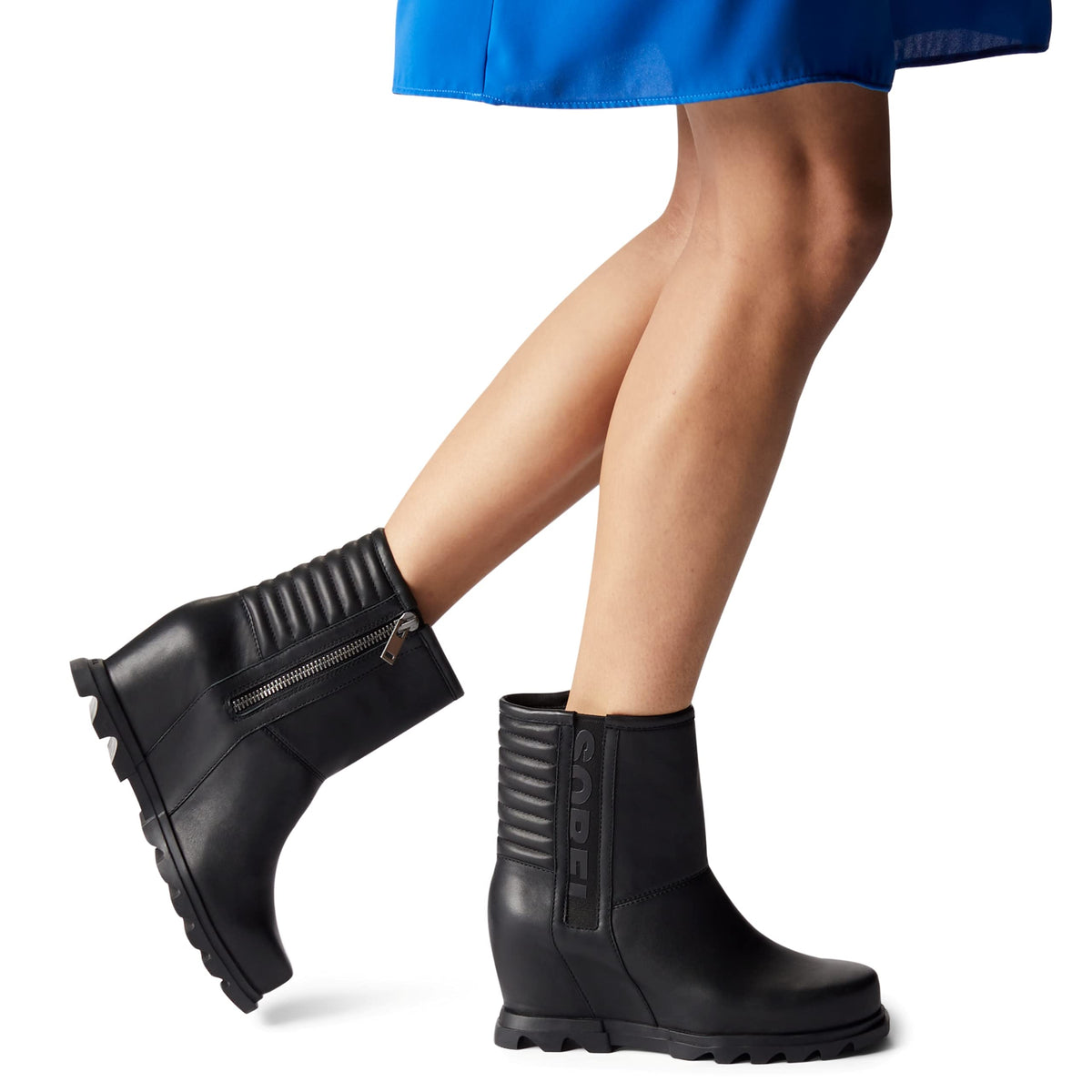 Sorel Women's Joan of Arctic Wedge III Moto Boot — Black, Sea Salt — Waterproof Leather Wedge Boots — Size 7.5