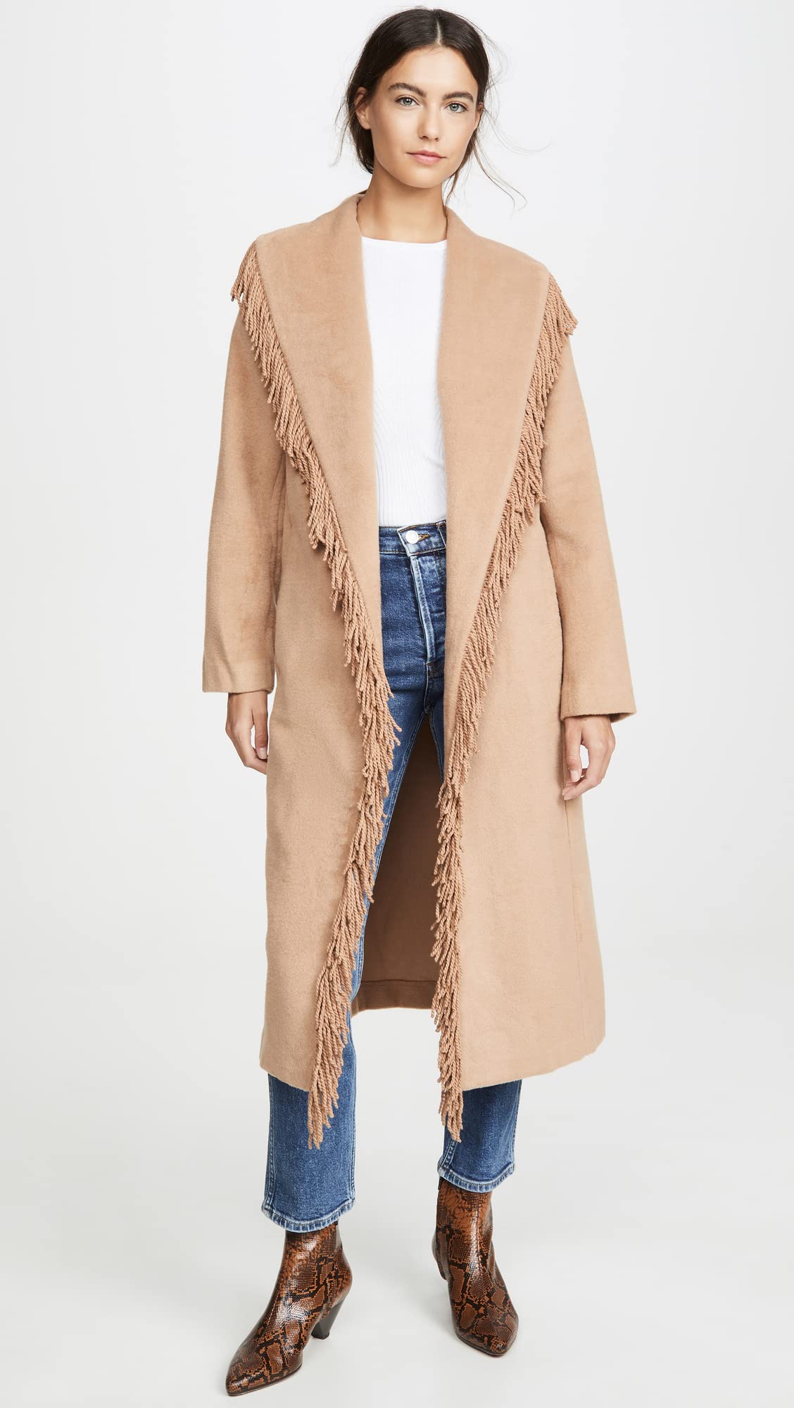 Line & Dot Women's Linda Fringe Coat, Camel, Tan, L