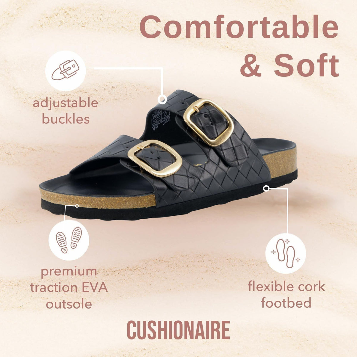 CUSHIONAIRE Lang Slip On Cork Footbed Womens Sandals – Comfortable Slides with Adjustable Buckle Flat Sandals for Women 2025, BLACK 7
