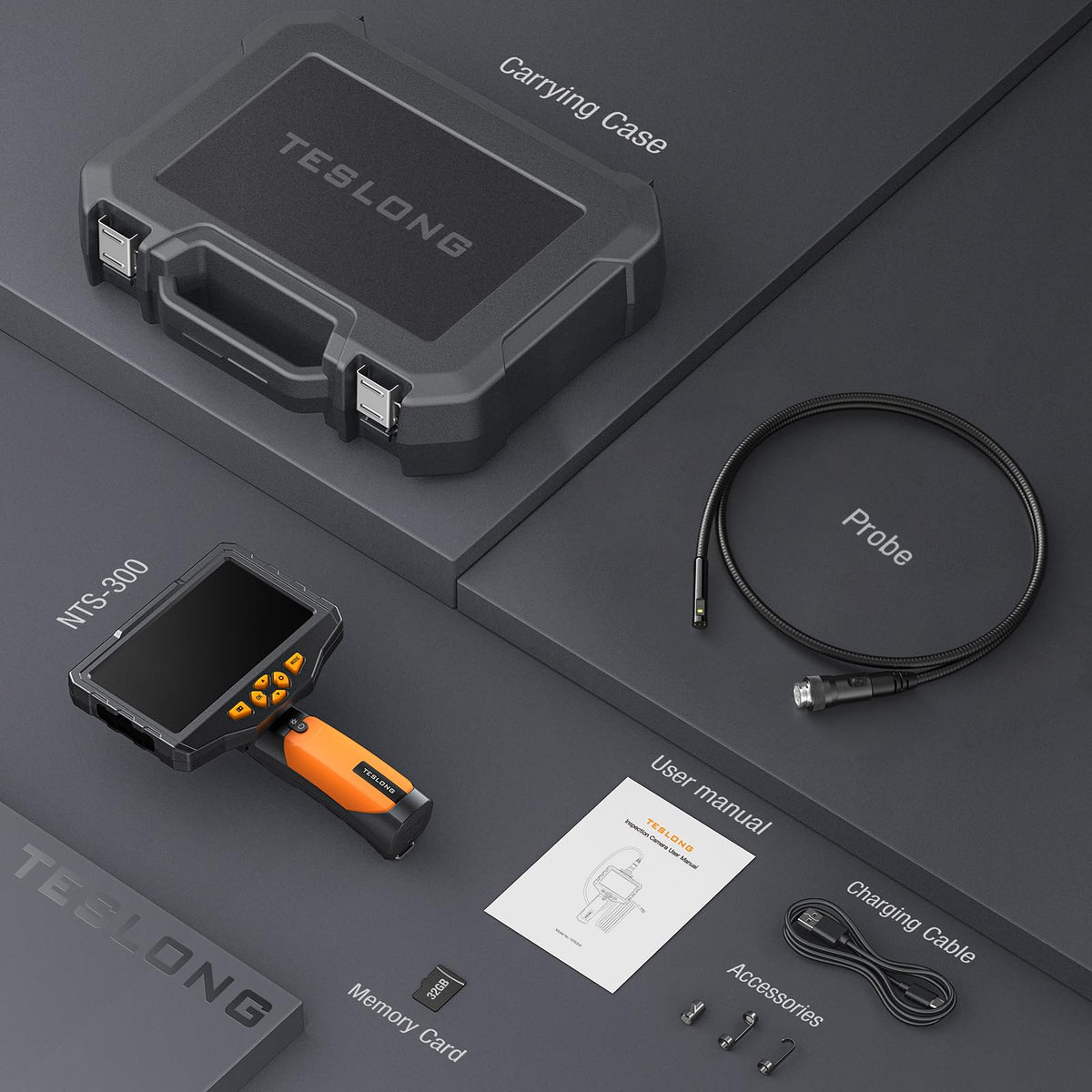 Teslong Inspection Camera, Dual Lens Borescope Camera with Light, NTS300 5" IPS Industrial Endoscope, 1080P Waterproof Flexible Mechanic Fiber Optic Snake Scope Cam for Wall Automotive Engine (3.3FT)