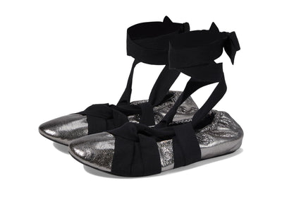 Free People Cece Wrap Flat Ballet Shoes for Women - Leather Upper - Elastic Back Opening - Self-tie Closure Pewter EU 37 (US Women's 7) M