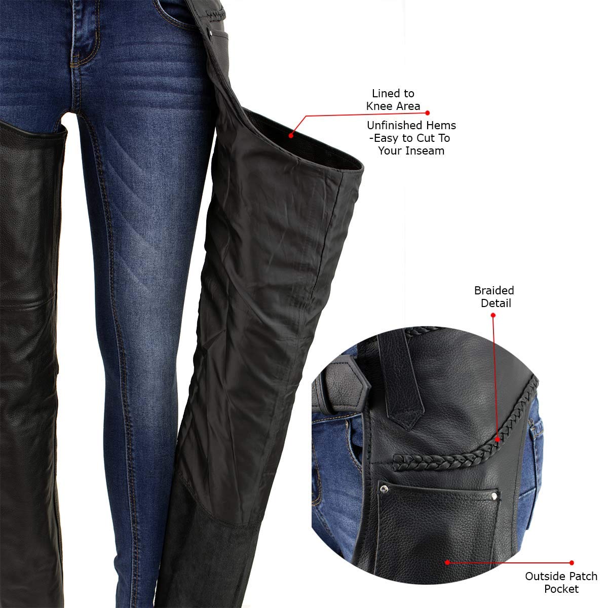 Xelement 7701 Women's Black 'Braided' Leather Motorcycle Chaps - 8