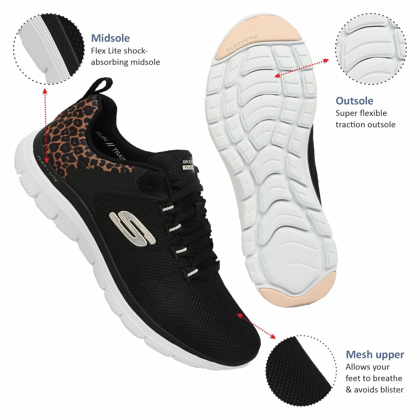 Skechers Women's Flex Advantage 4.0 Wild Ballad Memory Foam Athletic Shoe Black Leopard