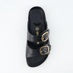 CUSHIONAIRE Lang Slip On Cork Footbed Womens Sandals – Comfortable Slides with Adjustable Buckle Flat Sandals for Women 2025, BLACK 7