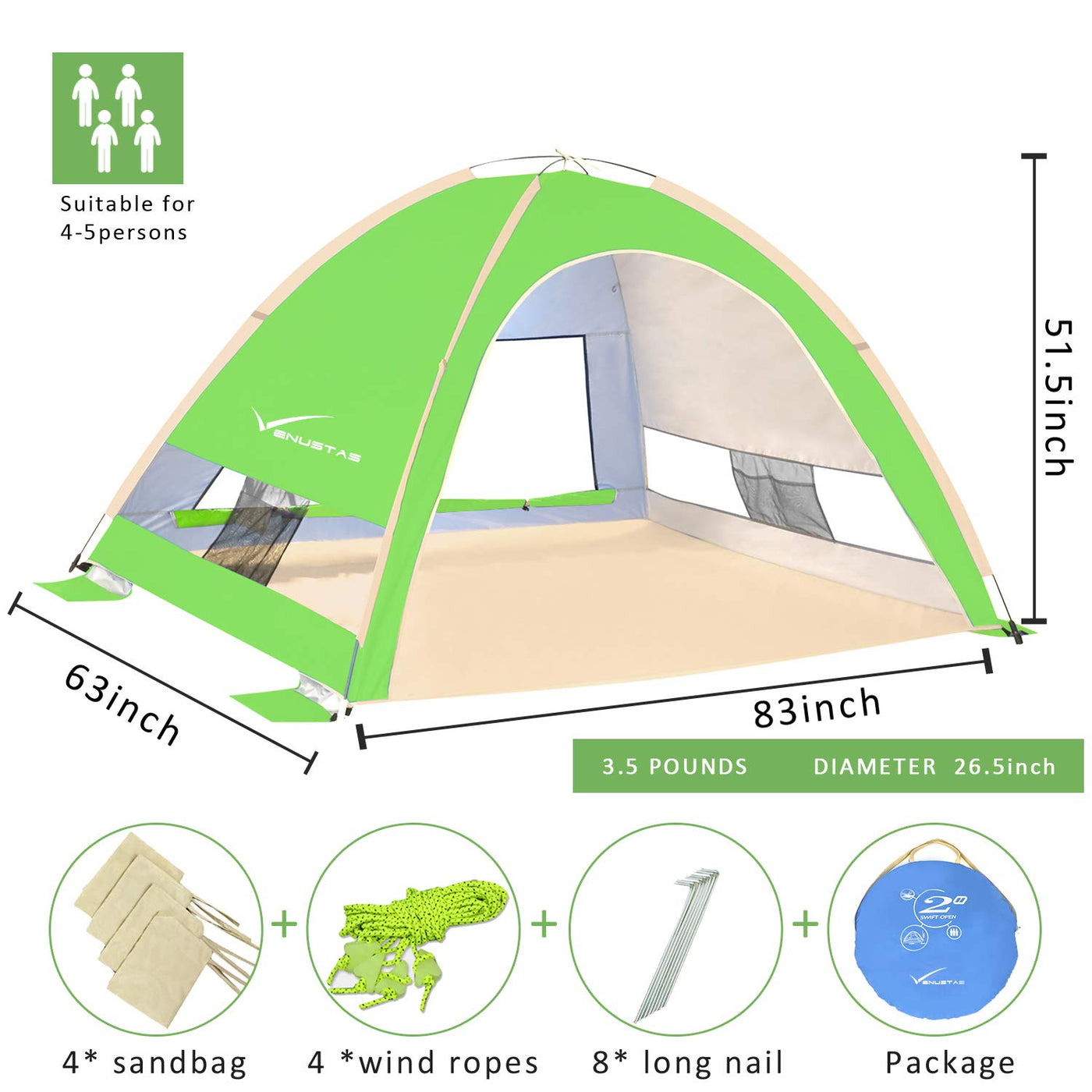 KEUMER Venustas Pop Up Beach Tent, Portable Beach Tent Automatic Sun Shelter, Lightweight Easy Setup Tents 4 Person UPF50+ Anti-UV Protection Sunshade for Family Adults