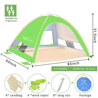 KEUMER Venustas Pop Up Beach Tent, Portable Beach Tent Automatic Sun Shelter, Lightweight Easy Setup Tents 4 Person UPF50+ Anti-UV Protection Sunshade for Family Adults