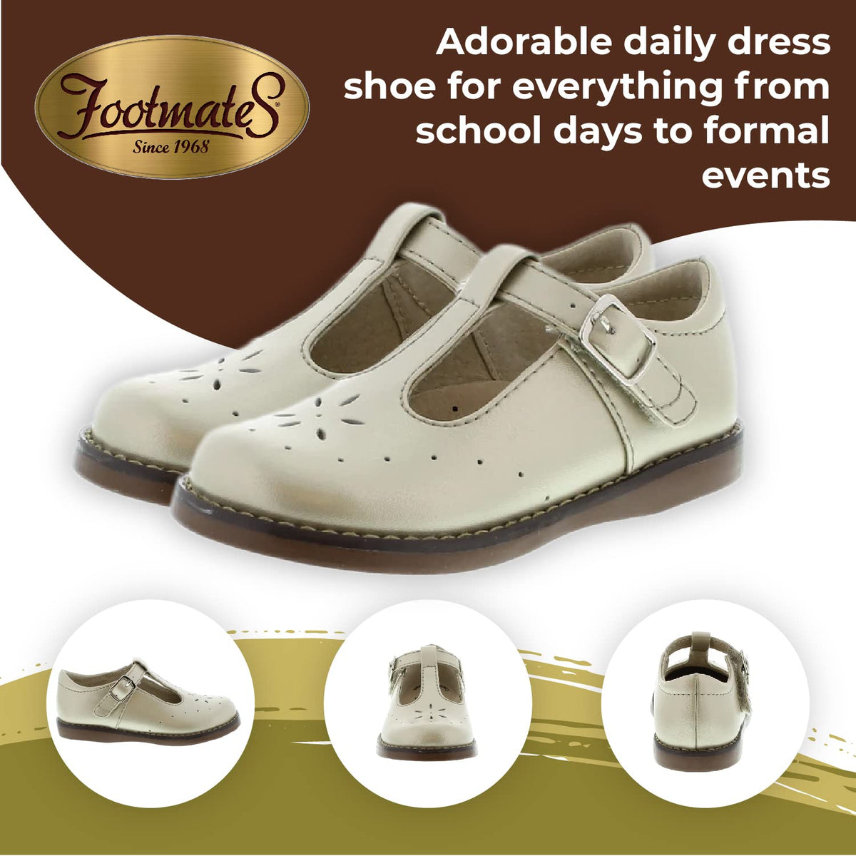 FOOTMATES Sherry Mary Jane Hook and Loop Leather T-Strap Shoes with Wide Toe Box and Custom-Fit Insoles, Non-Marking Outsoles - Pearl Pearlized, 7.5 Toddler (1-4 Years)