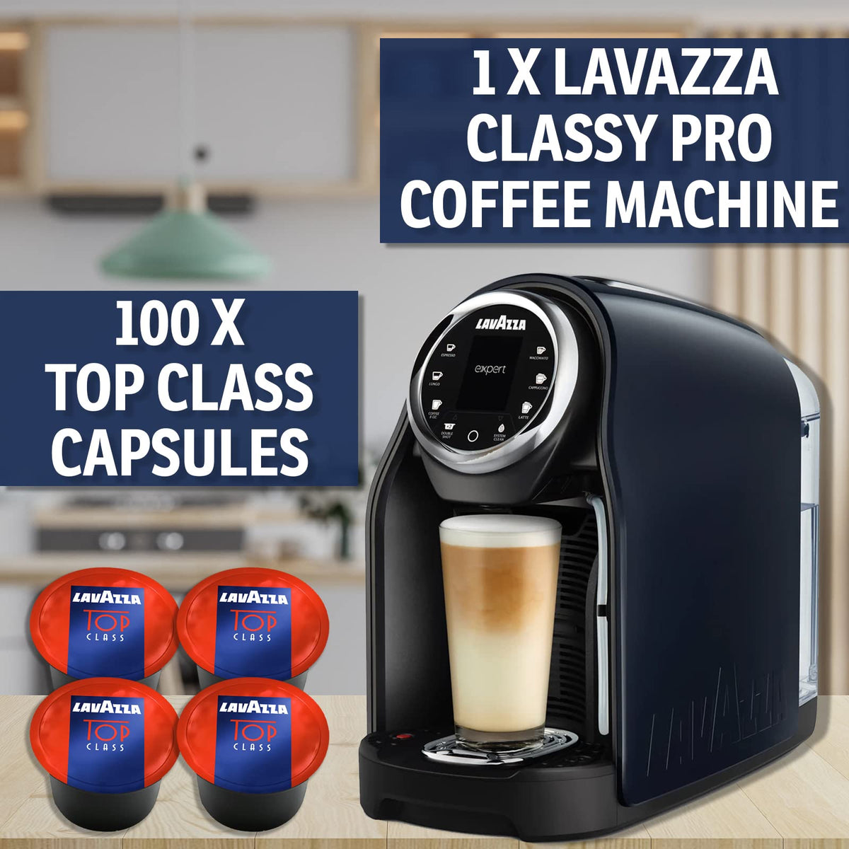 Lavazza Coffee Maker Classy Pro LB1201, 18.6 Fl Oz Tank & Direct Water Connection Single Serve Espresso Machine & Blue Capsules 100-Pack Top Class Barista at Home