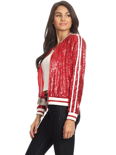 Anna-Kaci Womens Long Sleeve Front Zip Track Stripe Sequin Bomber Jacket, Red, X-Large