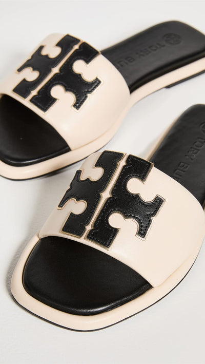 Tory Burch Women's Double T Sport Slides, New Cream/Perfect Black/Gold, 11 Medium US