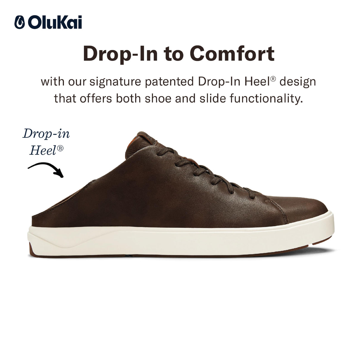 OLUKAI Lae'ahi Li 'ILI Men's Leather Sneakers, Supple Full-Grain Leather Shoes, Drop-in Heel & All Weather Rubber Soles, Dk Wood/Dk Wood, 9