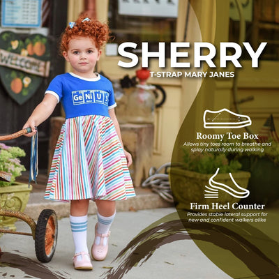 FOOTMATES Sherry Mary Jane Hook and Loop Leather T-Strap Shoes with Wide Toe Box and Custom-Fit Insoles, Non-Marking Outsoles - Pearl Pearlized, 7.5 Toddler (1-4 Years)