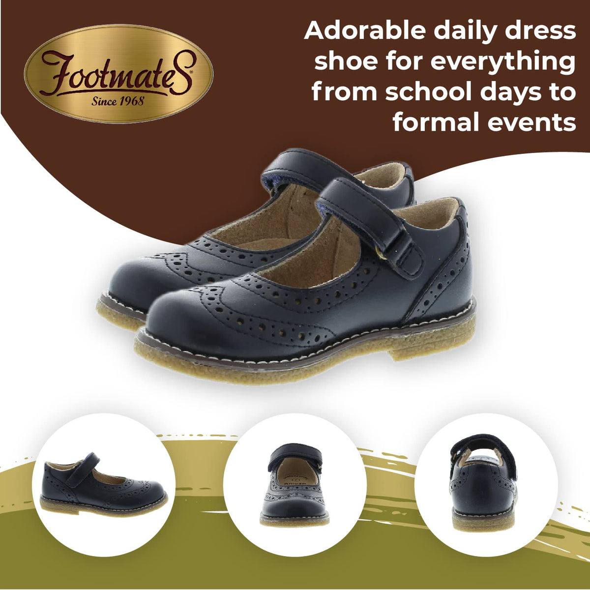 FOOTMATES Lydia Leather Mary Jane Girls Party Dress Flats Shoes with Custom-Fit Insoles, Slip-Resistant Non-Marking Outsoles - for Toddlers and Little Kids, Ages 1-8 2 Little Kid Navy