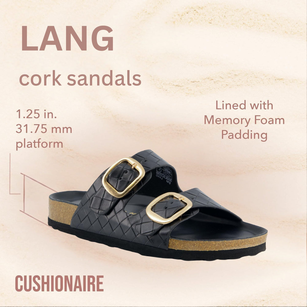 CUSHIONAIRE Lang Slip On Cork Footbed Womens Sandals – Comfortable Slides with Adjustable Buckle Flat Sandals for Women 2025, BLACK 7