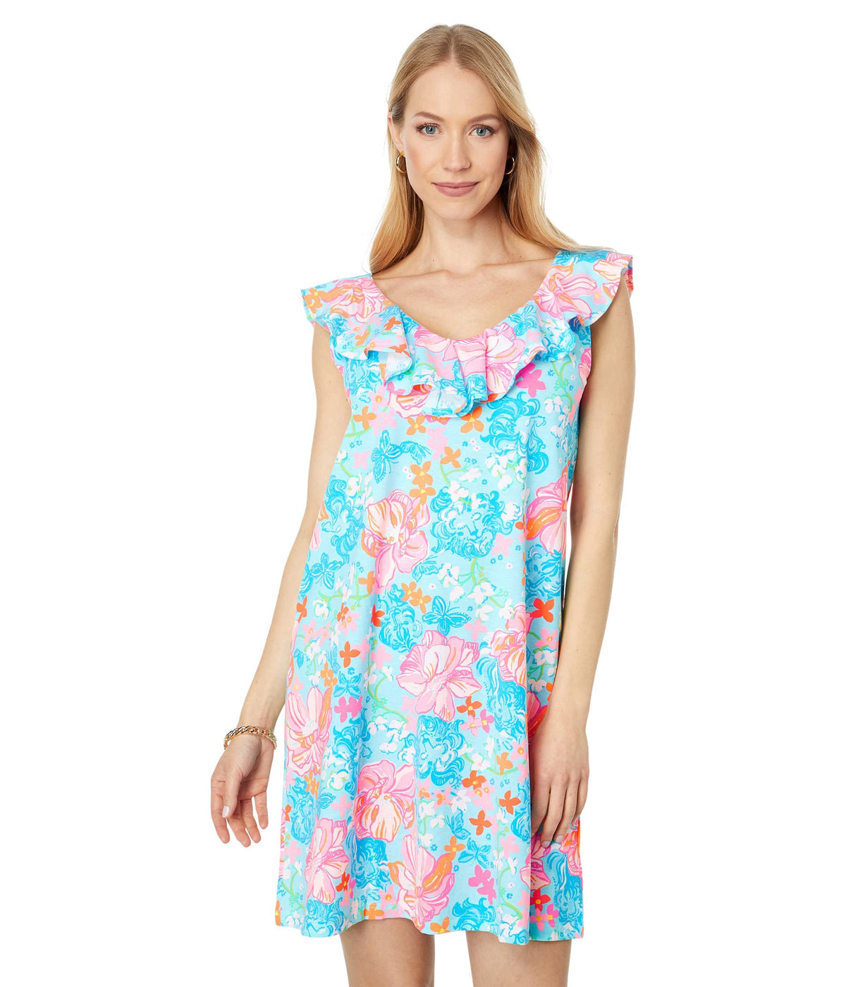 Lilly Pulitzer Alessa Dress for Women - Ruffled Layered Neckline with Straight Hemline, Chic and Vibrant Summer Dress XX-Small Surf Blue Luscious Lions