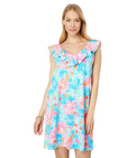 Lilly Pulitzer Alessa Dress for Women - Ruffled Layered Neckline with Straight Hemline, Chic and Vibrant Summer Dress XX-Small Surf Blue Luscious Lions