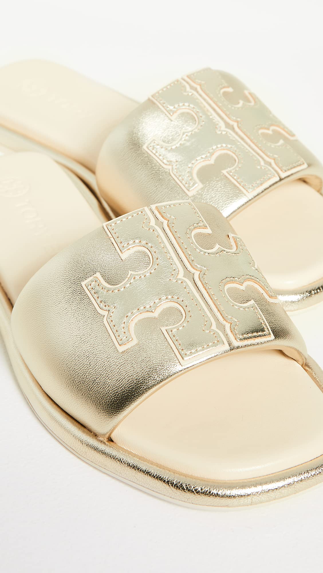 Tory Burch Women's Double T Sport Slides, Spark Gold/New Cream/Gold, 7 Medium US