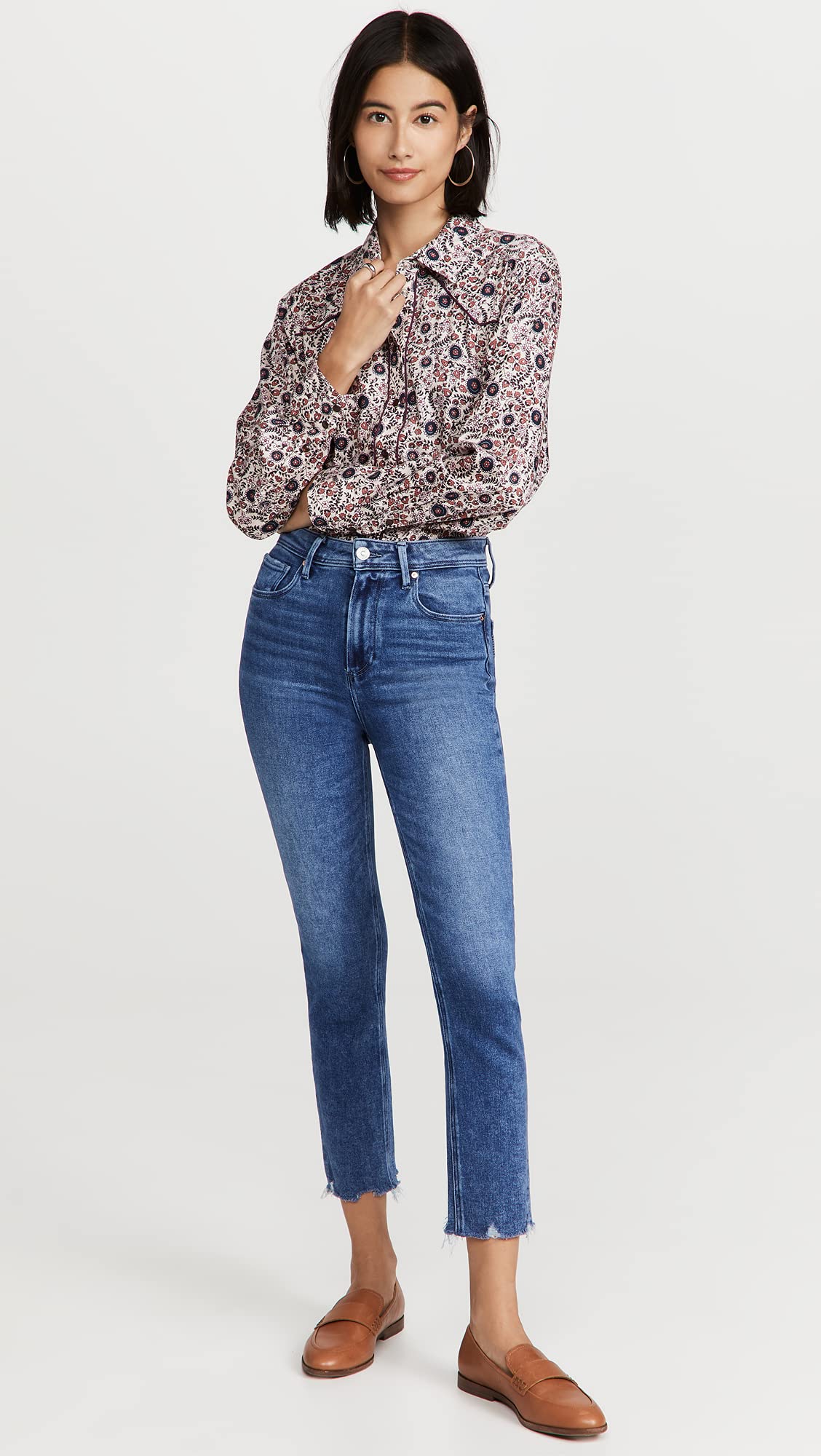 PAIGE Women's Sarah Slim Crop Jeans, Skysong w/Distressed Hem, Blue, 32